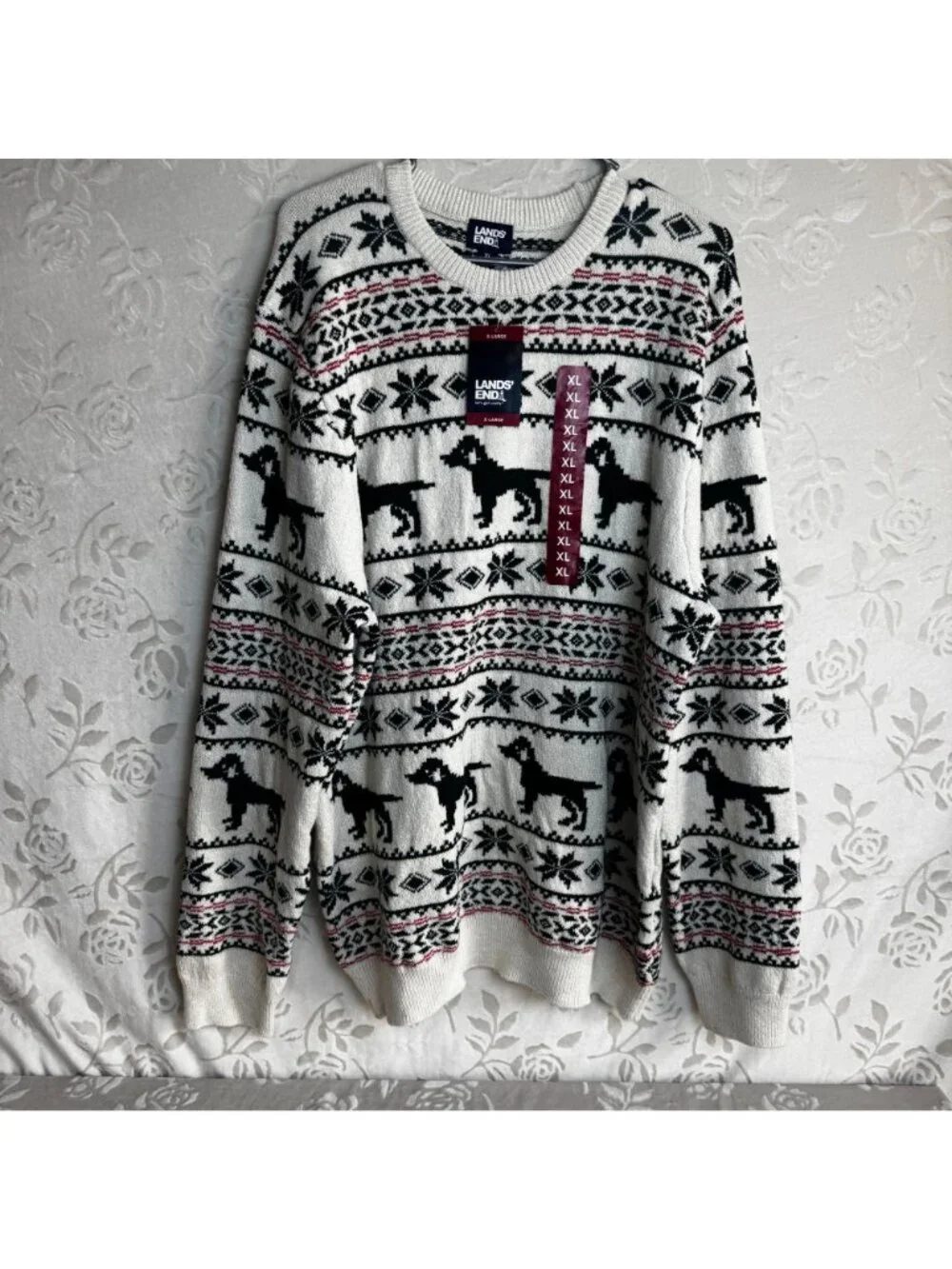 Lands End Sweater Adult XL Multicolor Fair Isle Knit Crewneck Geometric Dog NEW - Picture 2 of 8